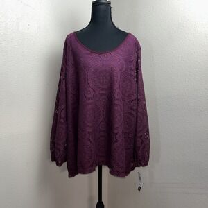 ING+ Tunic Top Women's 2X Plum Crochet‎ Lace Overlay Blouse Long Sheer Sleeve